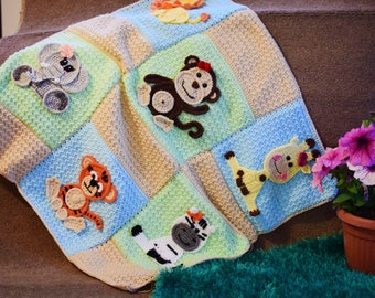 Modello all'uncinetto - Modello per coperta per bambini all'uncinetto - Applicazioni con animali della giungla - Coperta per bambini con motivo di applicazioni - DOWNLOAD IMMEDIATO modello PDF