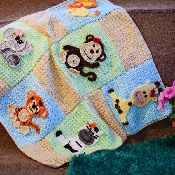 Crochet pattern- Crochet Baby blanket pattern- Jungle animal appliques- Baby blanket with appliques pattern- INSTANT DOWNLOAD PDF pattern