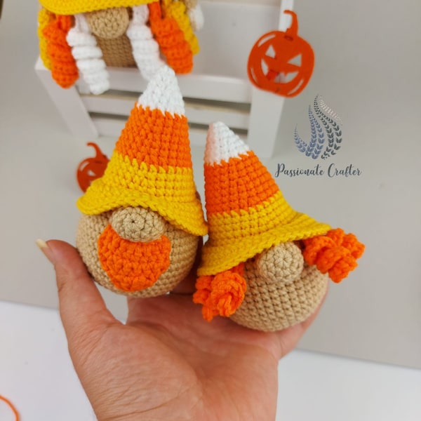 Crochet mini Halloween gnome pattern- candy corn gnome pattern- Fall gnomes for home decor