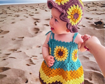 Crochet baby dress pattern, sunflower baby dress, size 0-3, 3-6, 6-12, 1-2y,3-4y,5-6y Sunflower toddler dress, PDF pattern, crochet dress
