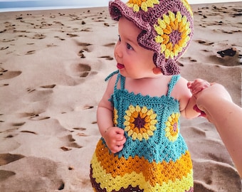 Crochet baby dress pattern, sunflower baby dress, size 0-3, 3-6, 6-12, 1-2y,3-4y,5-6y Sunflower toddler dress, PDF pattern, crochet dress