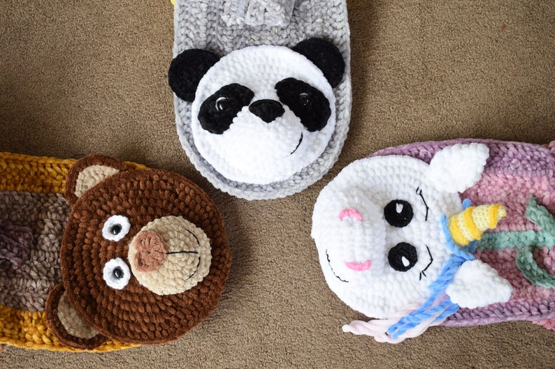 Crochet velvet backpack pattern. Panda, Bear, Unicorn backpack. Velvet yarn backpack. image 3