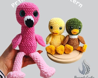 Low Sew Crochet Pattern Set of 4- Crochet ducks- mallard, rooster and flamingo