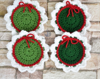 Crochet coasters for beginners- Crochet pattern- instant PDF download- Christmas wreath coasters