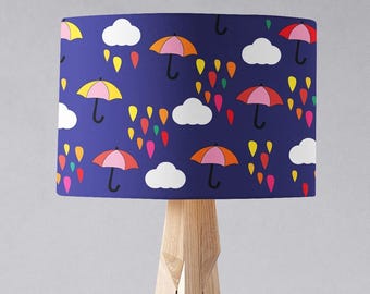 Colourful Umbrella Lampshade - Raindrop and Cloud Print - Kids Room Lighting - Blue Nursery Lampshade - Handmade Lighting Decor - Nursery