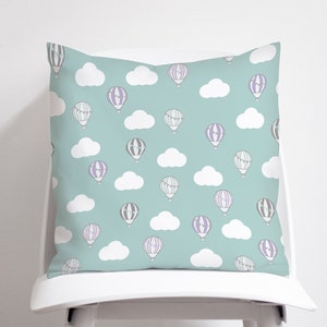 Hot air balloon cushion,  Mint green throw pillow, Clouds nursery decor, Hot air balloon nursery decor, Unisex nursery decor, Mint bedroom