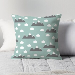 Cloud nursery, Scandi nursery, Green cushion, Mountain nursery, Green bedroom cushion, Scandi cushion, Clouds and mountain, Mountain cushion