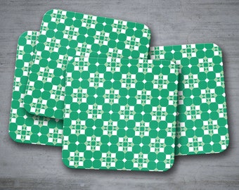 Posavasos de diseño de azulejos victorianos geométricos verdes y blancos - Posavasos individuales o conjunto de 4 posavasos