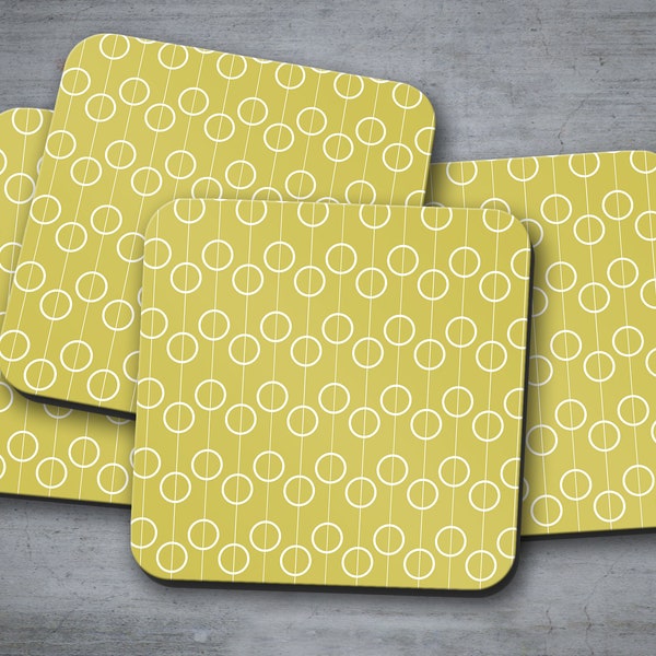 Chartreuse Yellow Coasters with a White Circle Retro Design, Table Mat