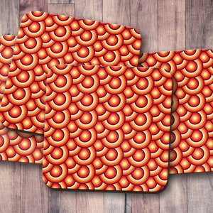 Orange coasters, Retro home decor, 1970s decor, Orange geometric, Orange home accessories, Drinks mats, Circles, Set of coasters