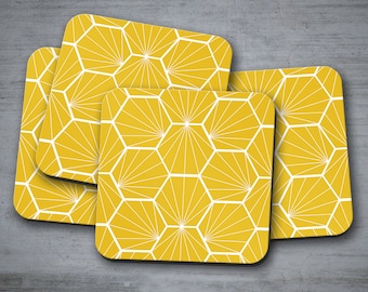 Posavasos amarillos, Posavasos geométricos, Posavasos modernos, Decoración de mesa, Regalo de bienvenida, Decoración amarilla del hogar, Sala de estar hexagonal, Comedor