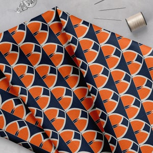 Navy Blue and Orange Geometric Cotton Fabric, Fabric by the Metre, Orange Fabric, Home Decor Fabric, Upholstery Fabric, Geometric Fabric