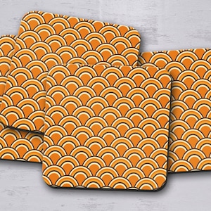 Orange Retro Rainbow Geometric Coasters, Retro Drinks Mat, Orange Table Mat, 9cm Coasters, Retro New Home Gift, 1970s Home Decor