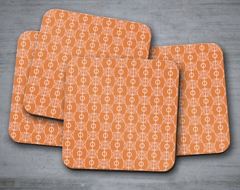 Orange and White Art Nouveau Design Coasters, Orange coasters, Table decor, Orange drink mat, Coffee coasters, Orange desk accessories,