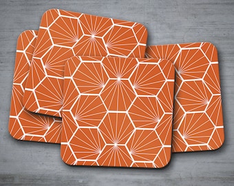 Orange coasters, Geometric coasters, Retro coasters, Table decor, Housewarming gift, Orange retro home decor, Orange desk accessories