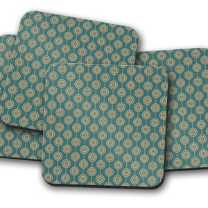 Teal Retro Circles Design Coasters, Drinks Mat, Table Mat