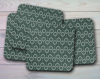 Dark Green Coasters with White Retro Circles Design, Drinks Mat