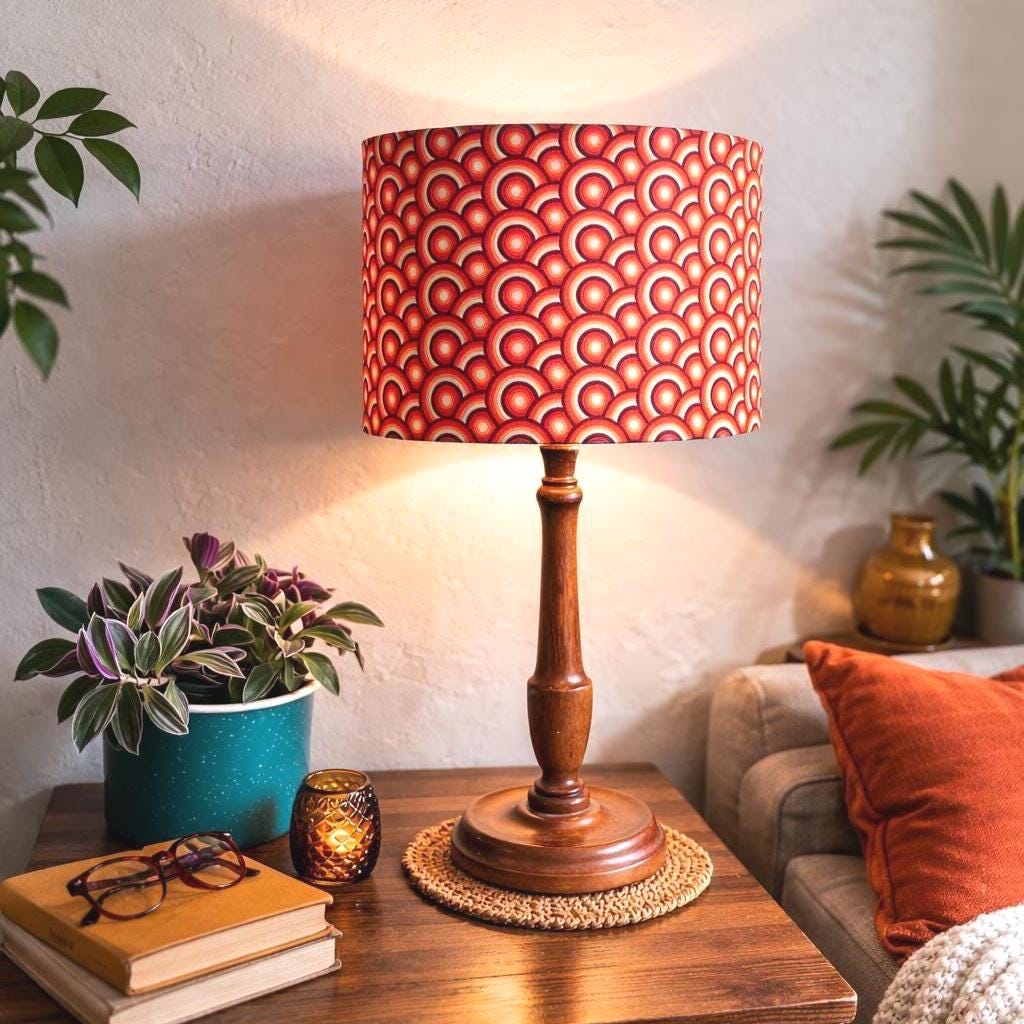 Retro Orange Drum Lampshade | 70s Mid Century Geometric Lamp Shade