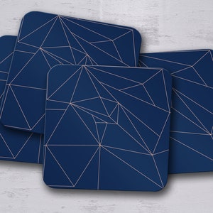 Navy Blue with Rose Gold Lines Geometric Design Coaster, Table Decor Drink Mat