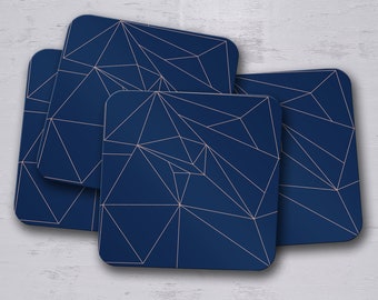 Navy Blue with Rose Gold Lines Geometric Design Coaster, Table Decor Drink Mat