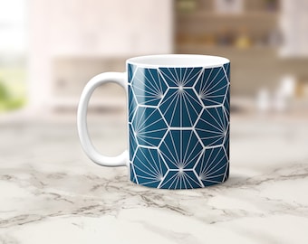 Teal with White Hexagons Geometric Design Mug, Tea or Coffee Cup