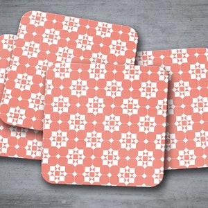 Coral and White Geometric Victorian Tiles Design Coasters - Single Coaster or Set of 4 Coasters
