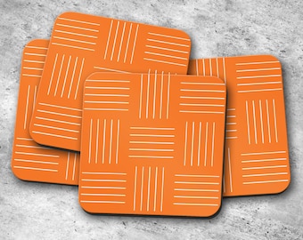 Orange Coasters with a White Geometric Line Design, Drinks Mat