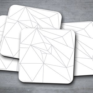 May include: Set of four white square coasters with a geometric pattern of gray lines forming triangles.