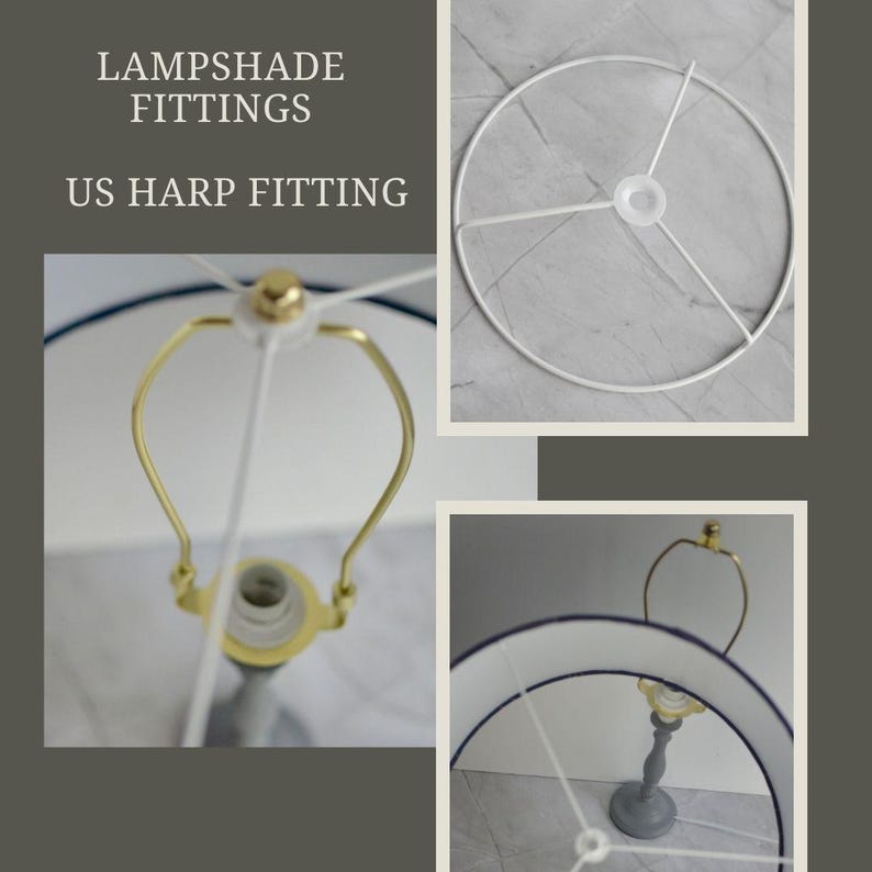 May include: A white metal lampshade harp fitting with three arms. The harp is shown in three different views: a close-up of the top, a side view, and a view of the harp attached to a lampshade.
