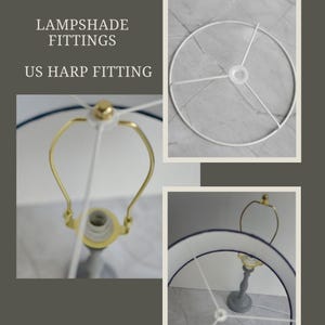 May include: A white metal lampshade harp fitting with three arms. The harp is shown in three different views: a close-up of the top, a side view, and a view of the harp attached to a lampshade.