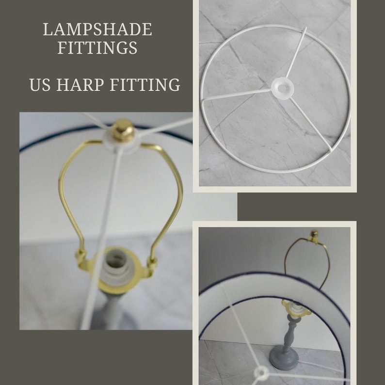 May include: A white metal lampshade harp fitting with three arms. The harp is shown in three different views: a close-up of the top, a side view, and a view of the harp attached to a lampshade.