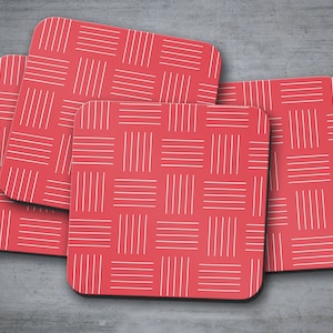 Red with White Geometric Lines Coaster, Drinks Mat Table Decor