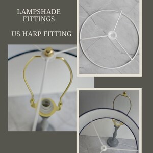 May include: A white metal lampshade harp fitting with three arms. The harp is shown in three different views: a close-up of the top, a side view, and a view of the harp attached to a lampshade.