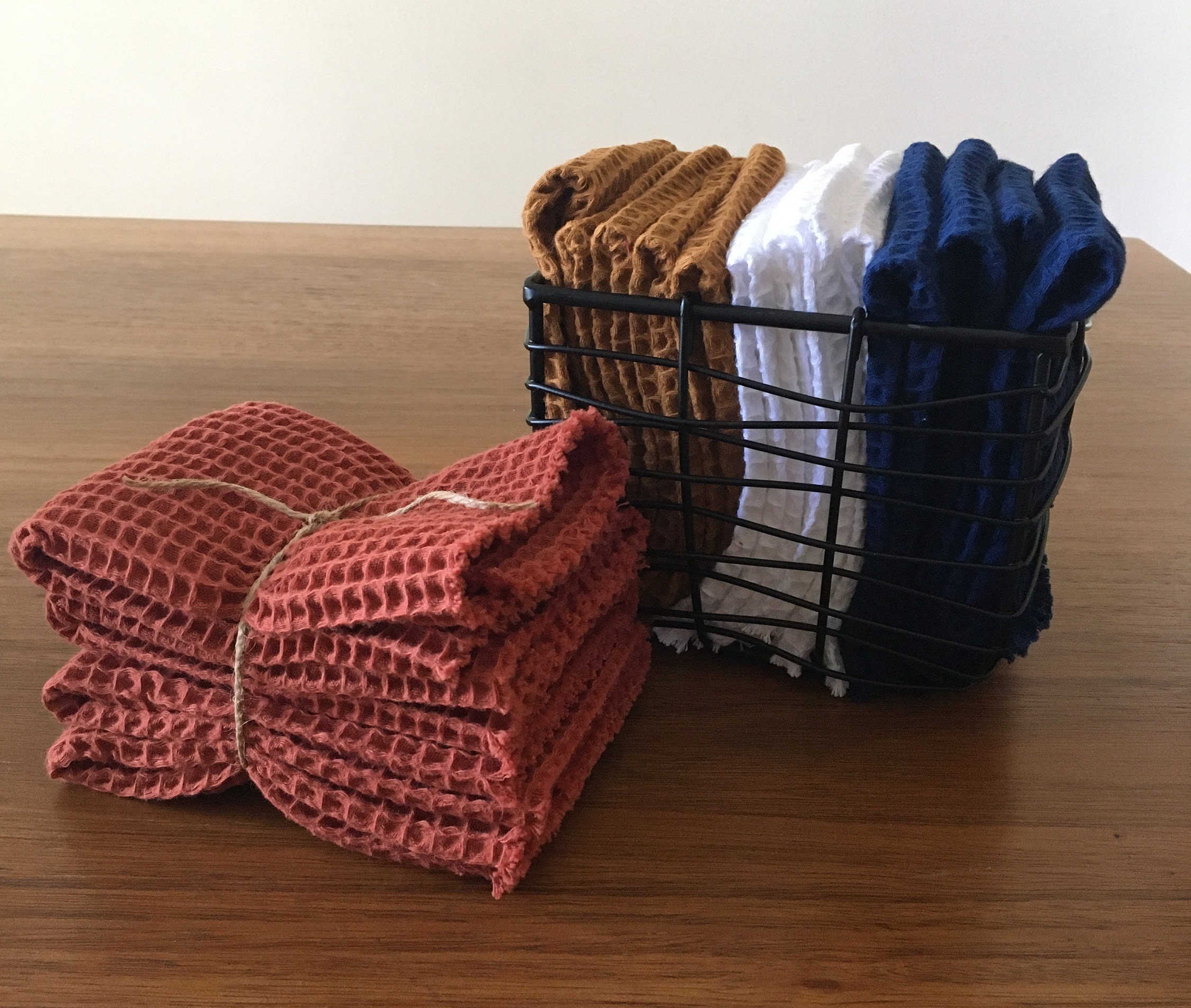 Hand Woven Hache Dish Towel with Dish Cloth | Red & White Stripes with Red  Border