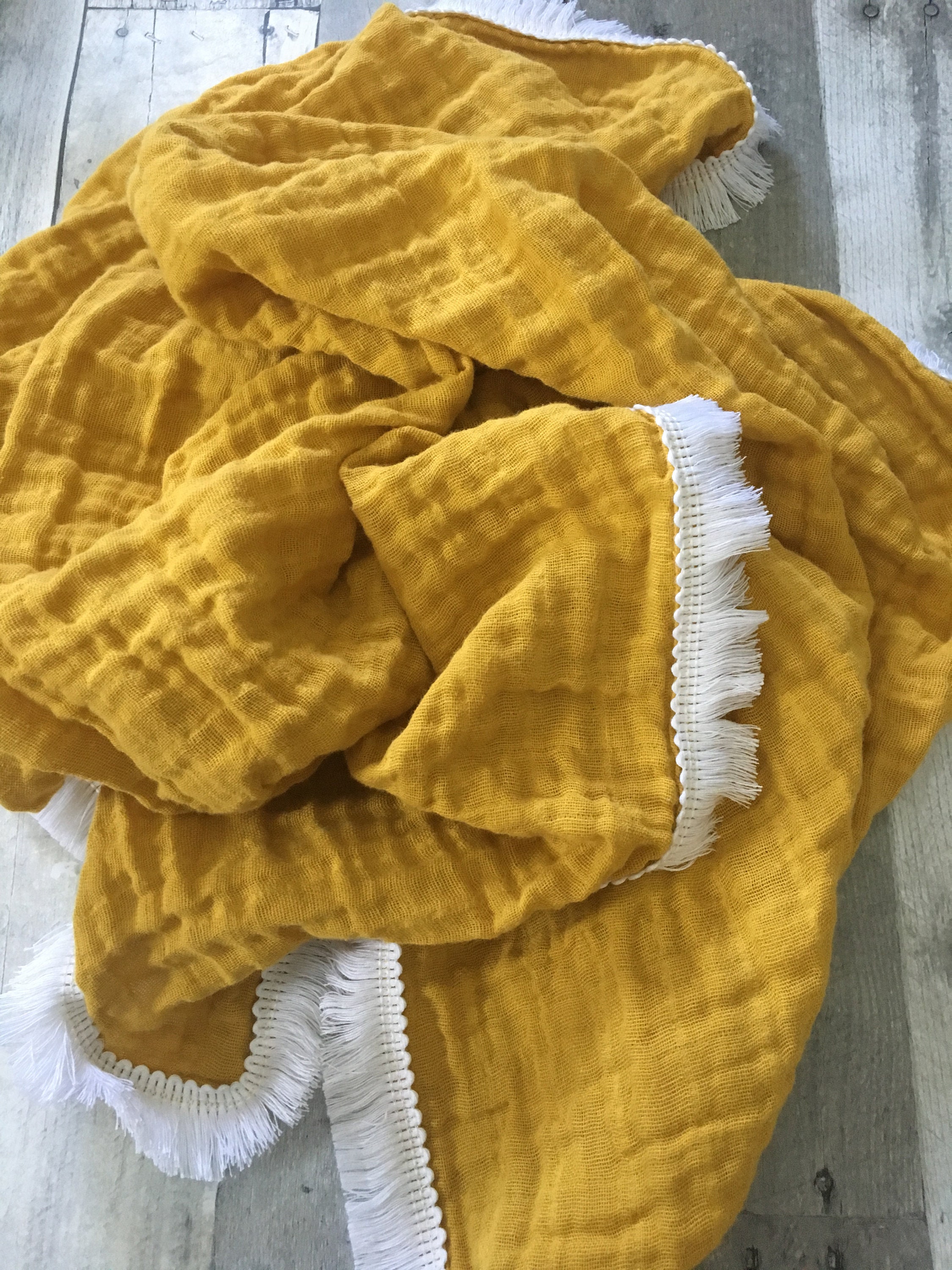 Muslin Swaddle Blanket with fringe Trim in Mustard Etsy