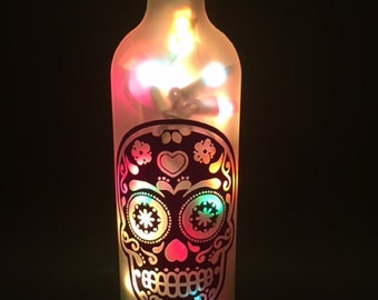 Sugar Skull Silhouette Wine Bottle Lamp (in your color choice)