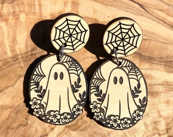 Flower ghost earrings, Halloween earrings, cute ghost, spiderweb earrings, dangle earrings, laser engraved jewelry