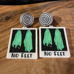 No feet glow in the dark ghost earrings, polaroid picture, 80s movie nostalgia, Halloween earrings, acrylic statement earrings