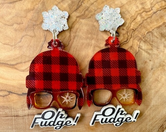 Oh Fudge Christmas earrings, festive holiday earrings, acrylic statement earrings, buffalo plaid earrings, novelty earrings