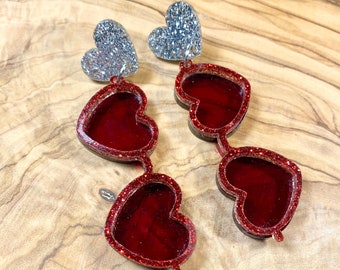 Red heart sunglasses earrings, Valentine's Day earrings, glitter acrylic, statement earrings, gifts for her, fun earrings, heart jewelry
