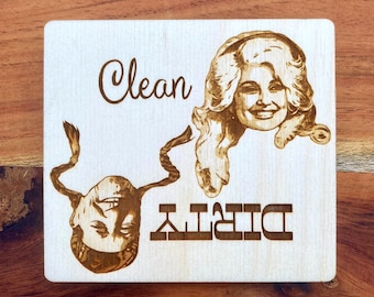 Dolly & Willie clean/dirty dishwasher magnet, large engraved wood magnet