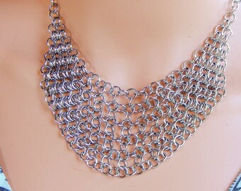 Stainless Steel Chain Maille Drape Bib Necklace (11th Anniversary Gift for Wife, Steel Anniversary 11)