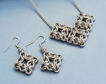 Handcrafted Stainless Steel Necklace Earring Set: 11th Anniversary Jewelry