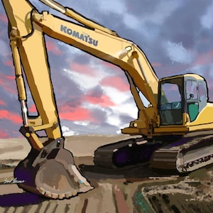 K&ouml;nnte beinhalten: Ein gelber Komatsu-Bagger mit einem gro&szlig;en Metalleimer vor einem dramatischen Sonnenuntergangshimmel. Der Bagger ist mit hoch erhobenem Arm positioniert und zeigt seine kraftvollen Baukapazit&auml;ten.