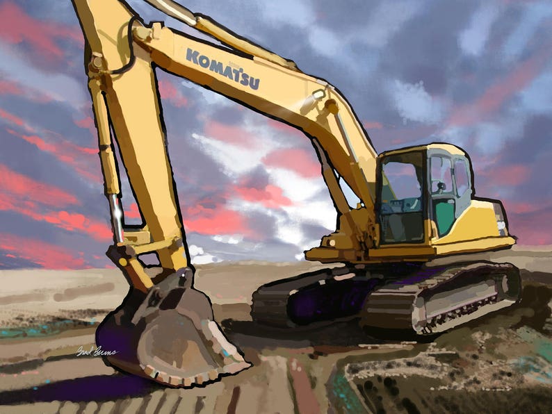 K&ouml;nnte beinhalten: Ein gelber Komatsu-Bagger mit einem gro&szlig;en Metalleimer vor einem dramatischen Sonnenuntergangshimmel. Der Bagger ist mit hoch erhobenem Arm positioniert und zeigt seine kraftvollen Baukapazit&auml;ten.