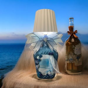Beautiful Beach out the window Upcycled crown royal bottle lamp**Blue beach decoupaged usb lamp**Repurposed empty liquor bottle light-**Lamp