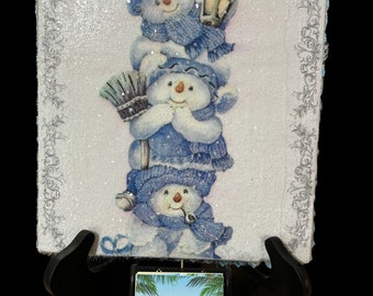 Snowman totem pole*Three happy snowmen* Blue Christmas Decor*Christmas shelf sitter*Holiday Decor*Snowmen*Winter Decor