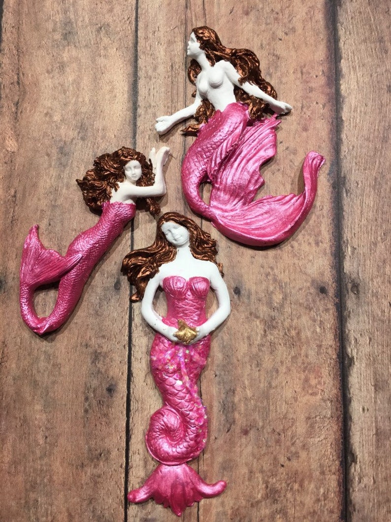 Pink Mermaids Sea goddesses Sea creatures Mermaid ornaments Beach decor Coastal trim Clay mermaids
