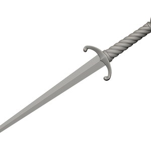 May include: A silver dagger with a twisted handle and a pointed blade.
