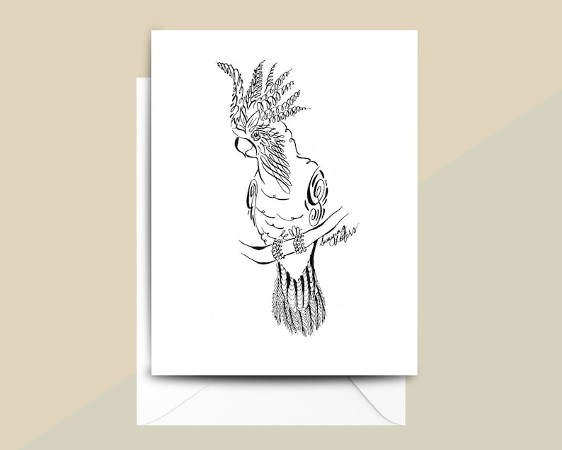 Black and White Fine Art Greeting Bird Lover Gift Handmade Pen and Ink Drawing Cockatoo Card Minimalist Parrot